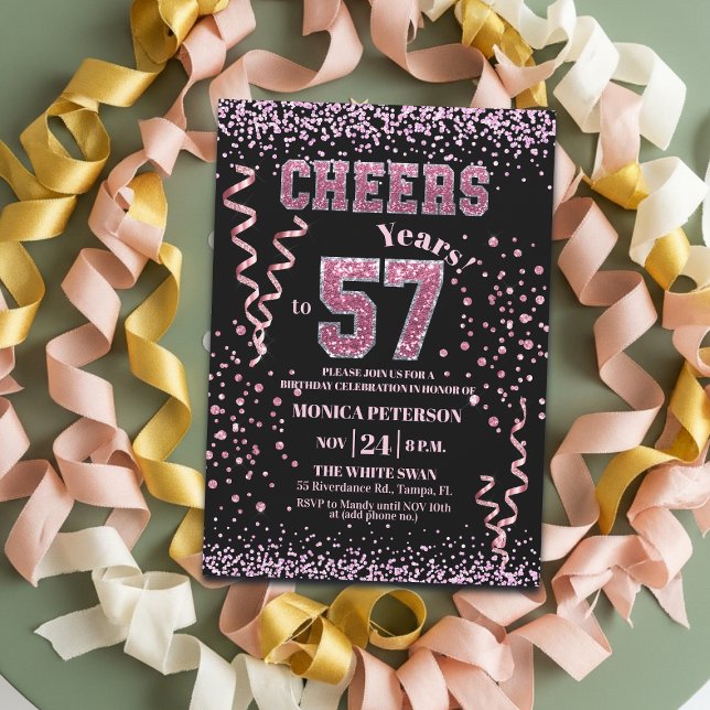 Invitation Fête d'anniversaire 57 ans Strass Rose Pailletés  (Créateur téléchargé)