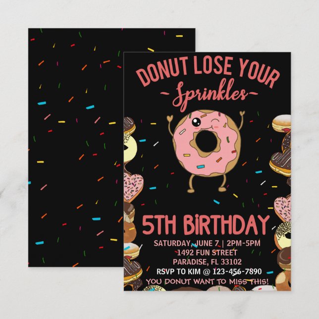 Invitation Fête d'anniversaire 5 ans Donut Ne perds pas tes p (Devant / Derrière)