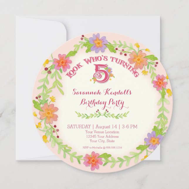Invitation Fête d'anniversaire 5 ans Fille, aquarelle florale (Devant)
