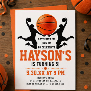 Invitation Fête d'anniversaire 5 ans garçon basket-ball orang