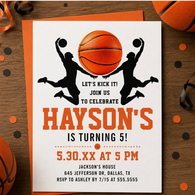 Invitation Fête d'anniversaire 5 ans garçon basket-ball orang (orange basketball Boy 5TH Birthday Party Invitation)
