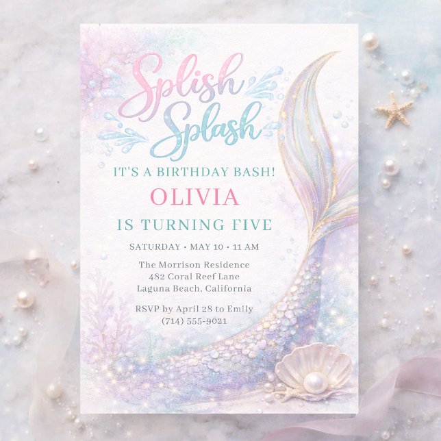 Invitation Fête d'anniversaire 5 ans Mermaid Splish Splash (Créateur téléchargé)