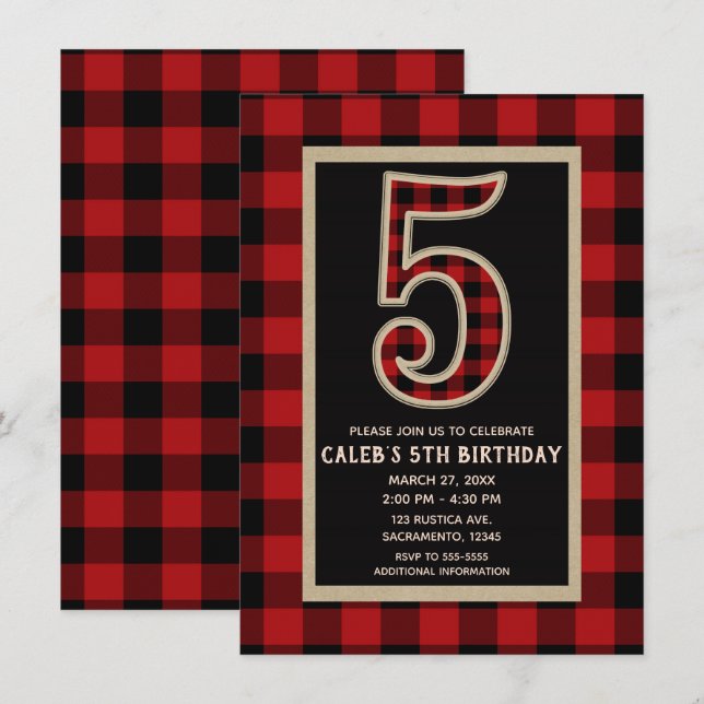 Invitation Fête d'anniversaire 5 ans thème plaid buffalo roug (Devant / Derrière)