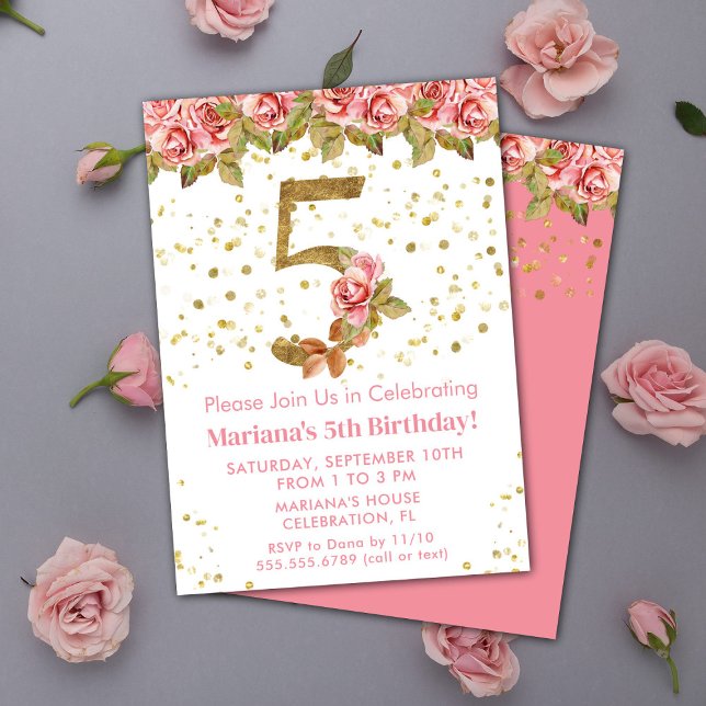 Invitation Fête d'anniversaire 5 ans thème Roses Roses Fleuri (Créateur téléchargé)