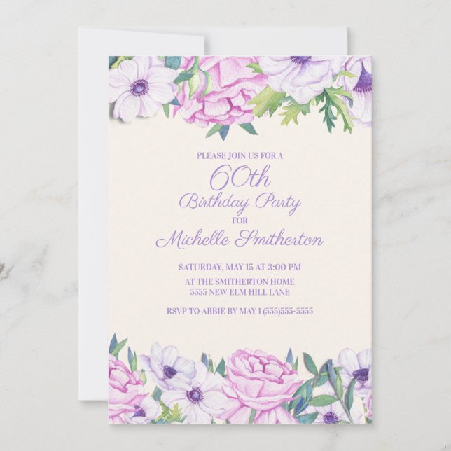 Invitation Fête d'anniversaire 60 ans aux fleurs de lilas vio (Devant)