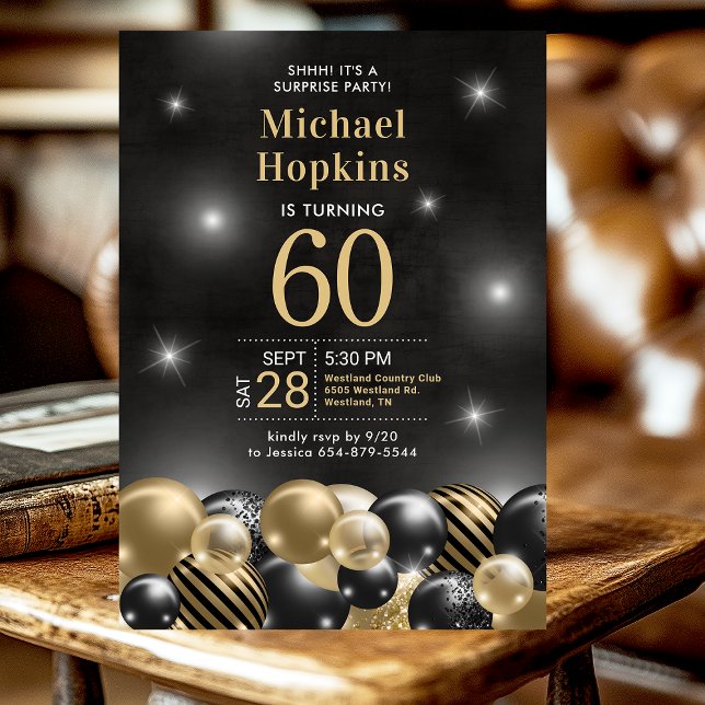 Invitation Fête d'anniversaire 60 ans ballons noirs et dorés (Créateur téléchargé)