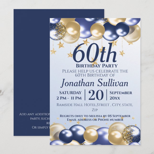 Invitation Fête d'anniversaire 60 ans ballons or marine (Devant / Derrière)