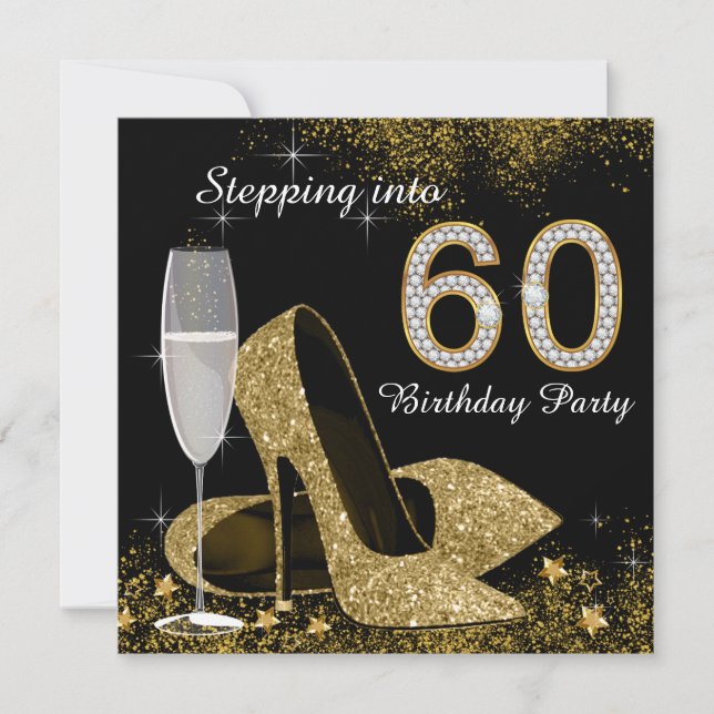 Invitation Fête d'anniversaire 60 ans Black and Gold (Devant)