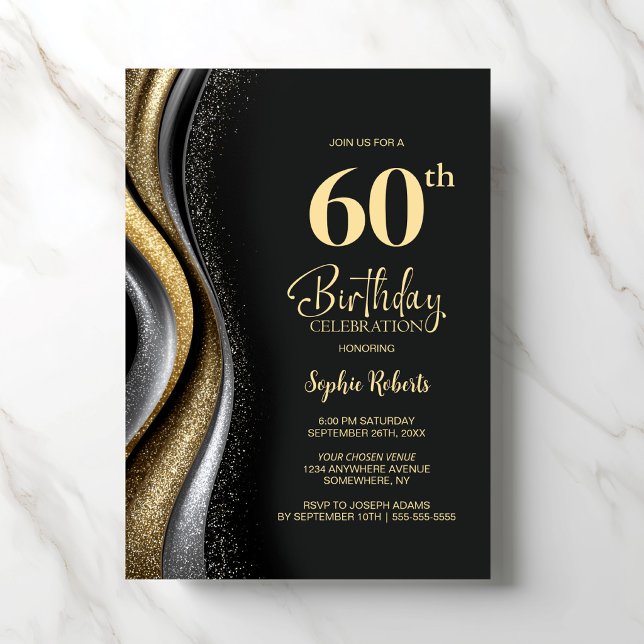 Invitation Fête d'anniversaire 60 ans Black Gold (Créateur téléchargé)