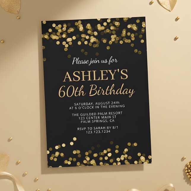 Invitation Fête d'anniversaire 60 ans Black Gold Bokeh (Créateur téléchargé)