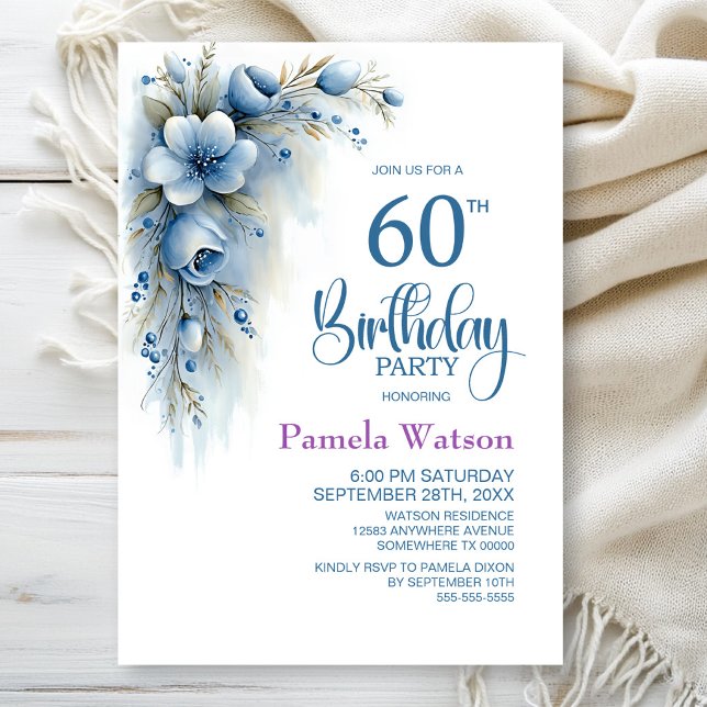 Invitation Fête d'anniversaire 60 ans Bleu Floral (Créateur téléchargé)