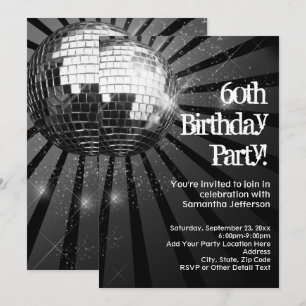 Invitation Fête d'anniversaire 60 ans boule disco noire étinc