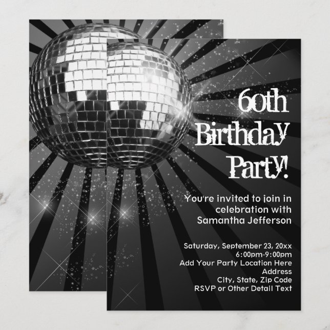 Invitation Fête d'anniversaire 60 ans boule disco noire étinc (Devant / Derrière)