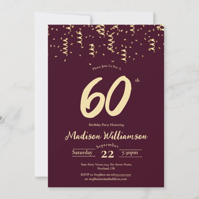 Invitation Fête d'anniversaire 60 ans Bourgogne & Or (Devant)