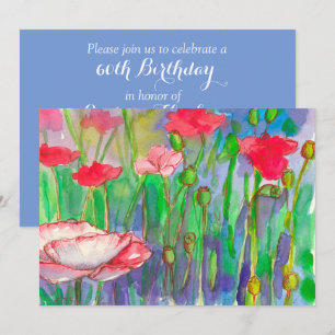 Invitation Fête d'anniversaire 60 ans Coquelicots Aquarelle F