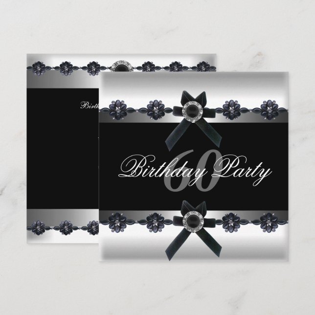 Invitation Fête d'anniversaire 60 ans Diamant Argent Noir Bla (Devant / Derrière)