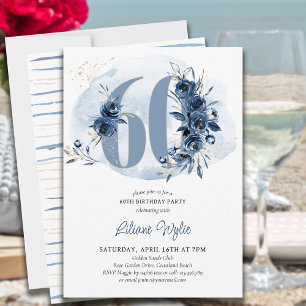 Invitation Fête d'anniversaire 60 ans Fleur Bleue Côtière Num