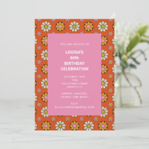 Invitation Fête d'anniversaire 60 ans Fleurs Rétro Orange Ros