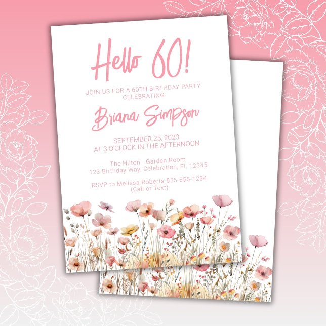 Invitation Fête d'anniversaire 60 ans fleurs roses (Créateur téléchargé)