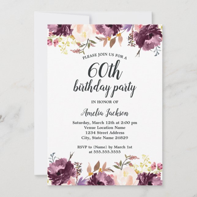 Invitation Fête d'anniversaire 60 ans Fleurs violettes aquare (Devant)