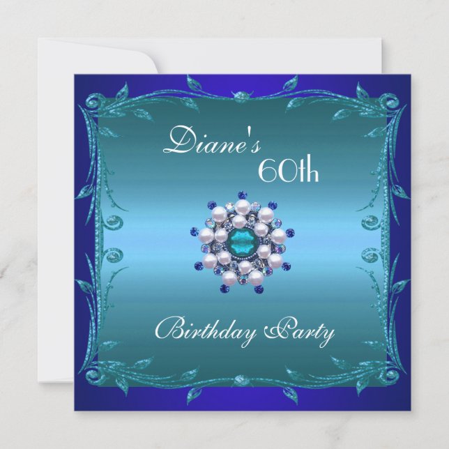 Invitation fête d'anniversaire 60 ans floral bleu  (Devant)