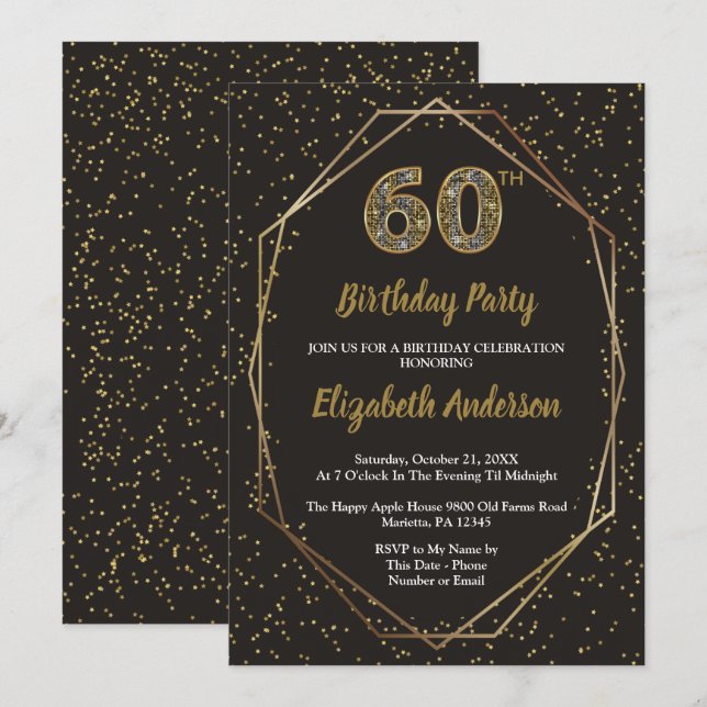 Invitation Fête d'anniversaire 60 ans Glam Black Gold (Devant / Derrière)
