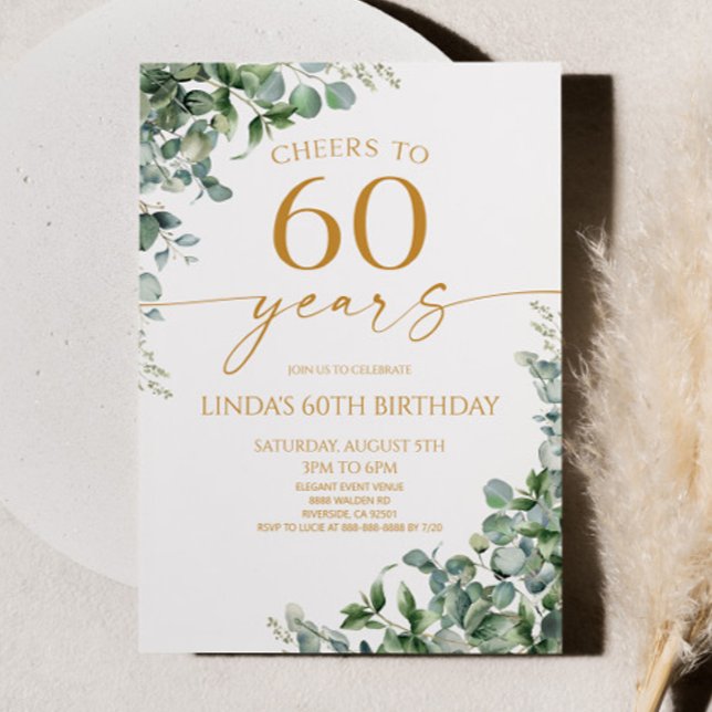 Invitation Fête d'anniversaire 60 ans Green Eucalyptus Gold (Créateur téléchargé)