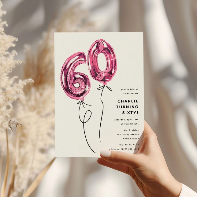 Invitation Fête d'anniversaire 60 ans Minimal Rose 60 Ballon (Créateur téléchargé)