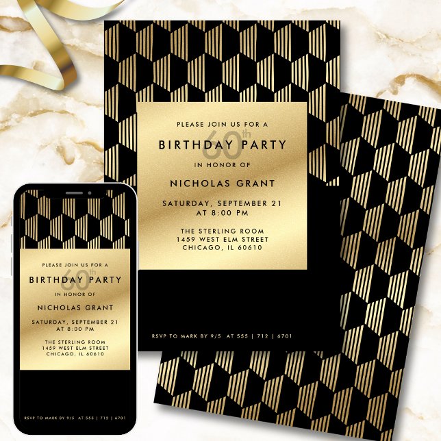 Invitation Fête d'anniversaire 60 ans Moderne Noir et Or Feui (Créateur téléchargé)