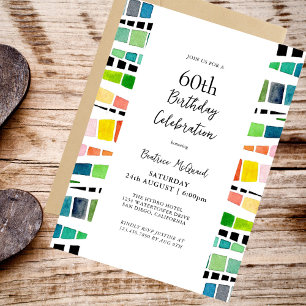 Invitation Fête d'anniversaire 60 ans motif géométrique aquar