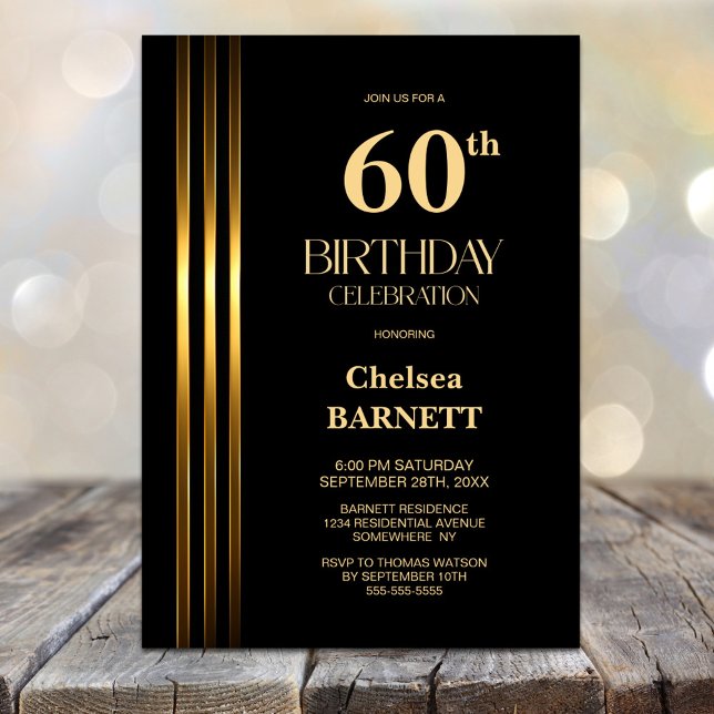Invitation Fête d'anniversaire 60 ans noir à rayures dorées (Créateur téléchargé)