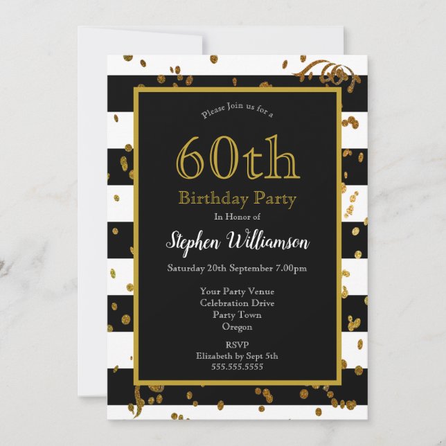 Invitation Fête d'anniversaire 60 ans Noir et Blanc | Paillet (Devant)