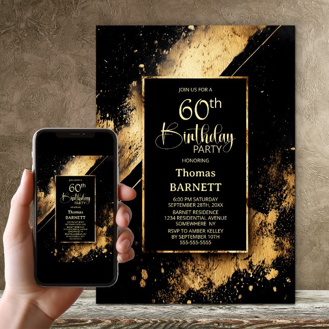 Invitation Fête d'anniversaire 60 ans noir et or (Créateur téléchargé)