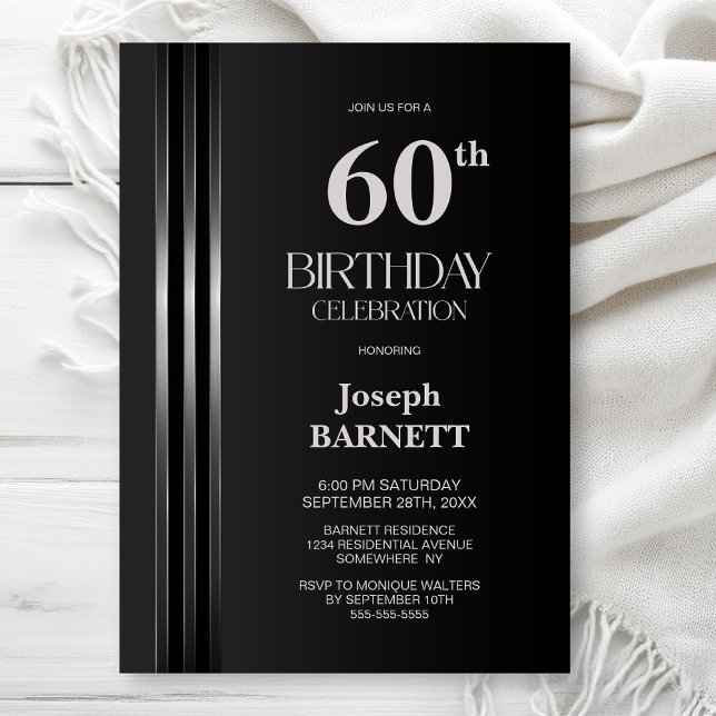 Invitation Fête d'anniversaire 60 ans noir rayé argenté (Créateur téléchargé)