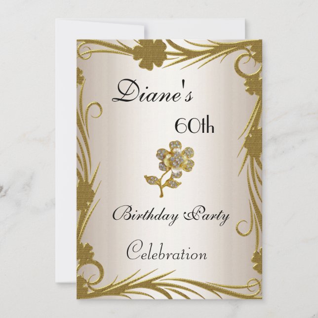 Invitation fête d'anniversaire 60 ans or sur flora (Devant)