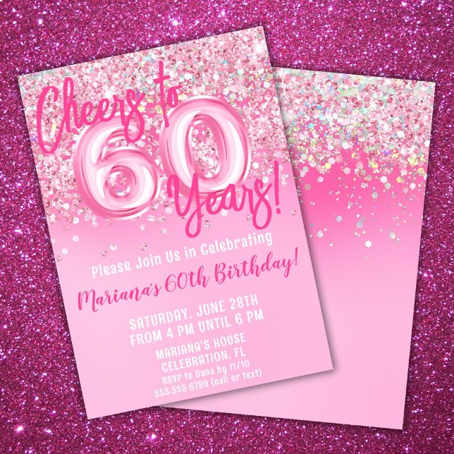 Invitation Fête d'anniversaire 60 ans paillettes roses (Créateur téléchargé)