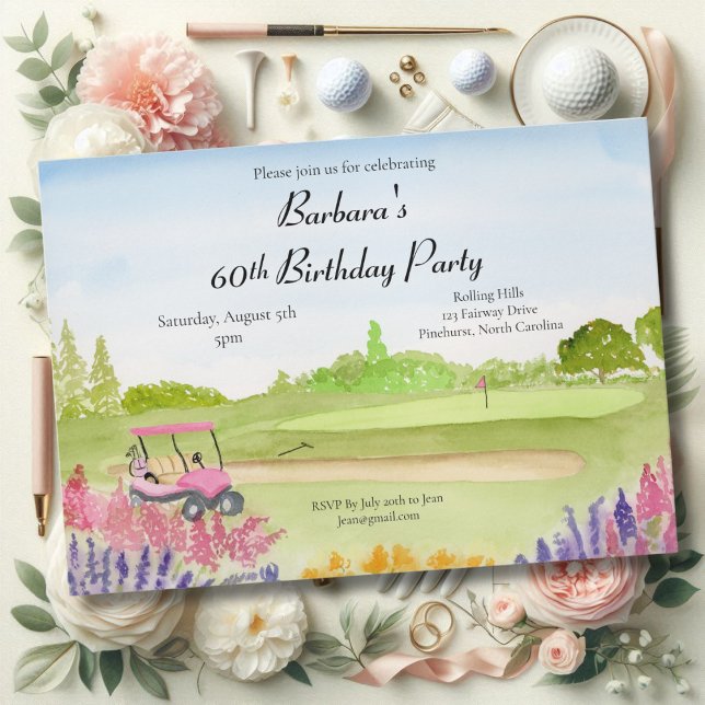 Invitation Fête d'anniversaire 60 ans Panier de golf rose Ter (Créateur téléchargé)