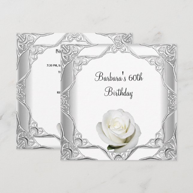 Invitation Fête d'anniversaire 60 ans Party Silver Lace White (Devant / Derrière)