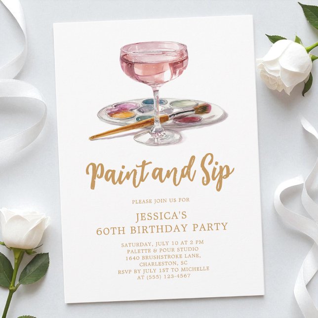 Invitation Fête d'anniversaire 60 ans Peinture à l'aquarelle  (Watercolor Drink Paint and Sip 60th Birthday Party Invitation)