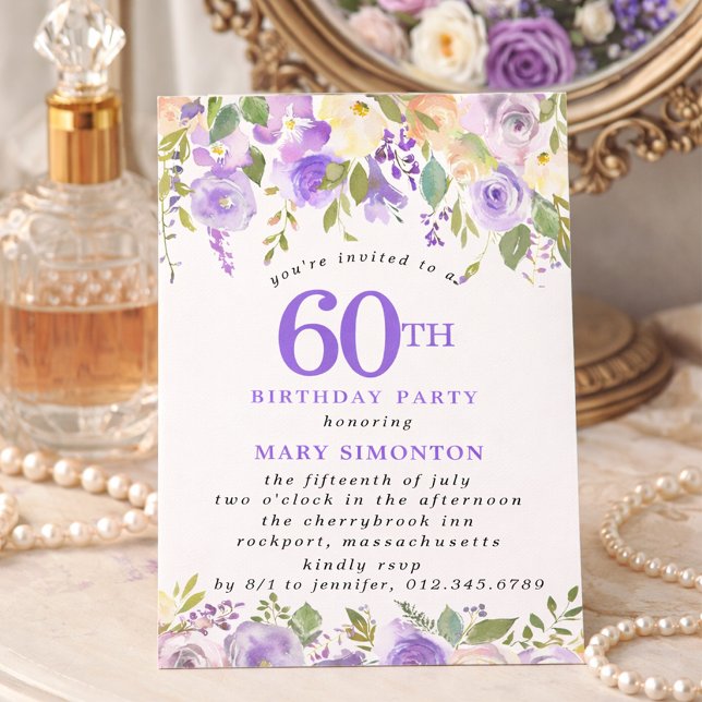 Invitation FÊTE D'ANNIVERSAIRE 60 ans PETITE Rose Fleur Viole (Créateur téléchargé)