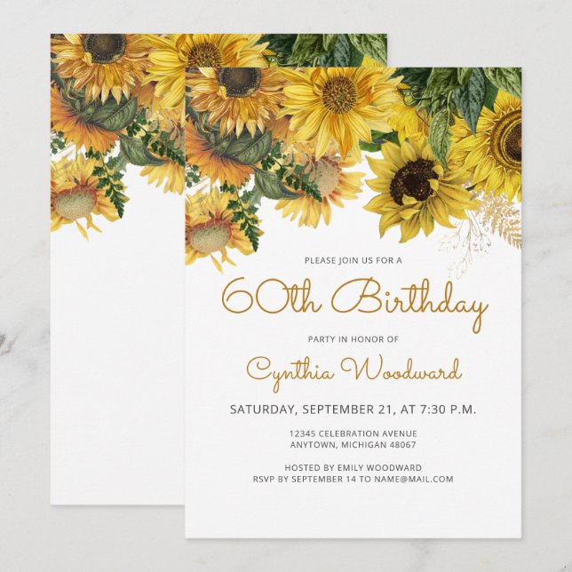 Invitation Fête d'anniversaire 60 ans Sunflower Floral (Devant / Derrière)