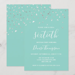 Invitation Fête d'anniversaire 60 ans Vert Menthe Argent Conf