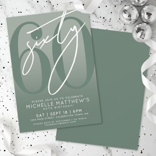 Invitation Fête d'anniversaire 60 ans vert sauge (Sage Green 60th Birthday Party Invitation)