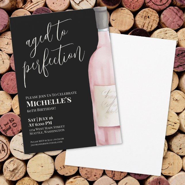 Invitation Fête d'anniversaire 60 ans Wine Black Pink (Wine Sixty 60th Birthday Party Invitation)