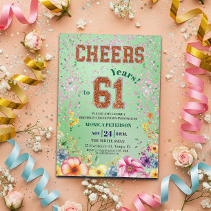 Invitation Fête d'anniversaire 61 ans Floral Pailleté Émeraud