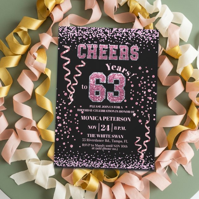 Invitation Fête d'anniversaire 63 ans Strass Rose Pailletés  (Créateur téléchargé)
