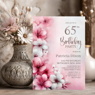 Invitation Fête d'anniversaire 65 ans aux fleurs roses et bla