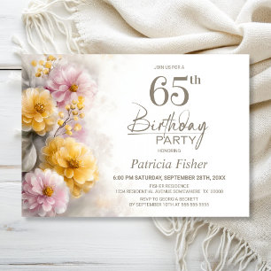 Invitation Fête d'anniversaire 65 ans aux fleurs roses et ora