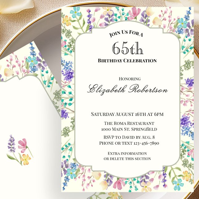 Invitation Fête d'anniversaire 65 ans aux fleurs sauvages col (Créateur téléchargé)