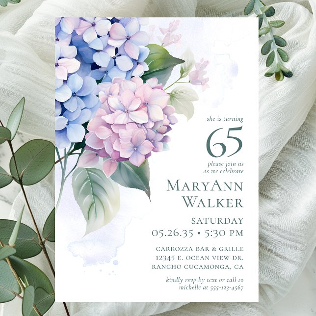 Invitation Fête d'anniversaire 65 ans aux Hydrangeas Rose Ble (Créateur téléchargé)